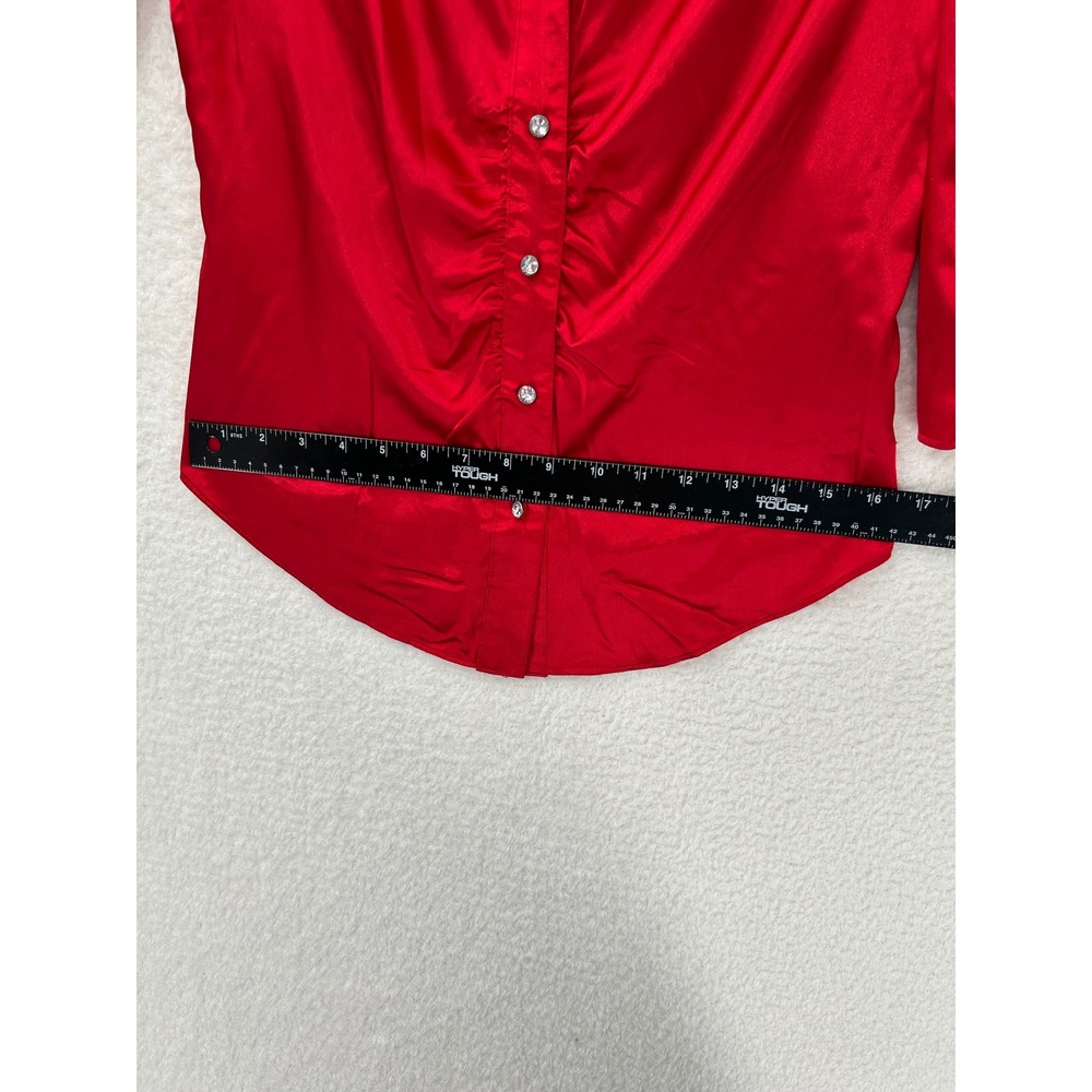 NEW Vertigo Paris Garnet Red Satin Ruched Button Up Blouse VT30285 Womens Medium - Picture 9 of 12
